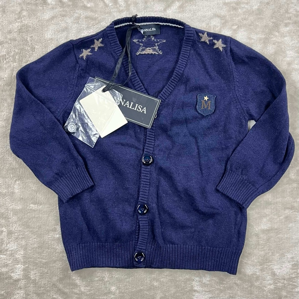 Monnalisa Disney Mickey Mouse Navy Blue Wool Cashmere Cardigan 24M Italy Made